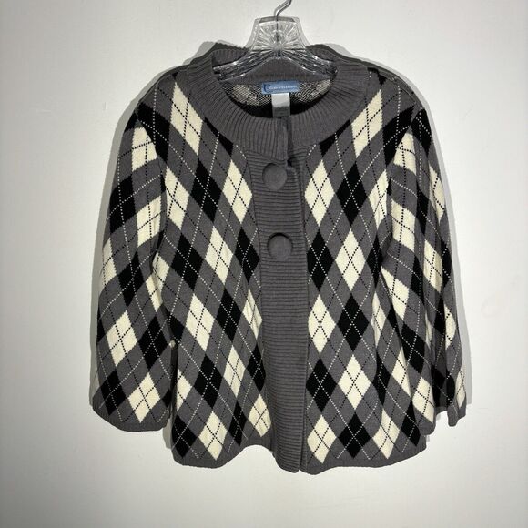 Vintage Classic Elements Argyle Plaid Sweater Size Large Grey Cream And Black - Picture 1 of 7